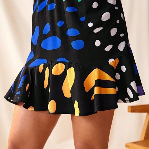 Multicolor Boho Womens Floral Print Ruffled Hem Short Dress With Long Sleeves - Picture 6 of 6